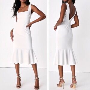 NWT Lulus Moment Maker White Square Neck Trumpet Midi Dress Small